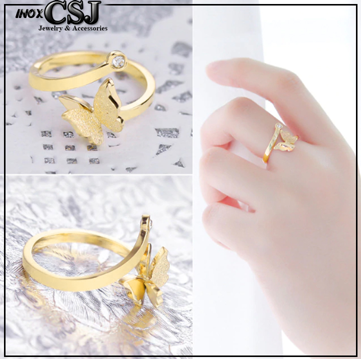 Nhẫn titan con bướm phun cát free size màu trắng - vàng - hồng siêu cute, tặng hộp đựng nhẫn cực xinh
