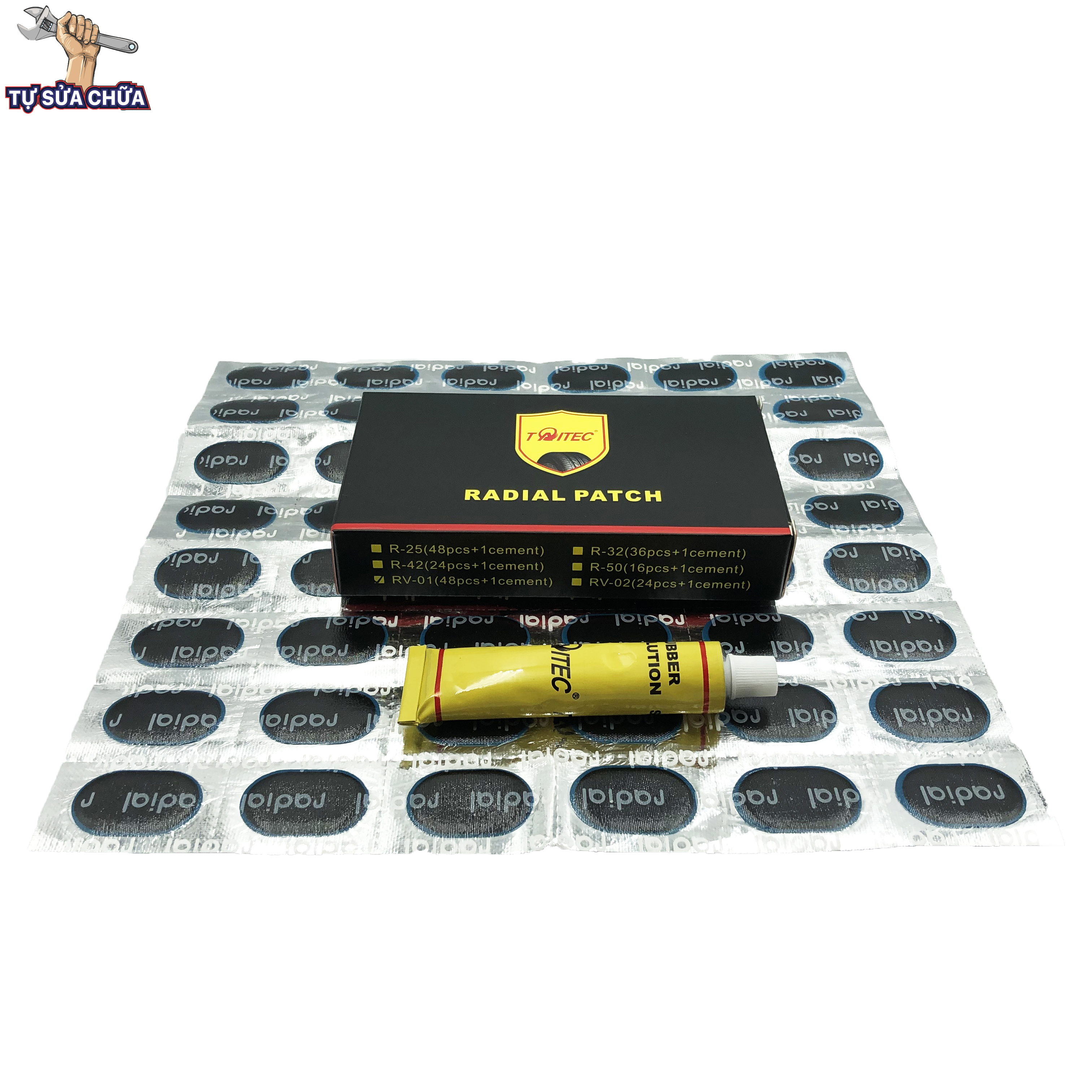 Miếng vá lốp radial hình oval Taitec kích thước 24x35mm RV-01 (hộp 48 miếng vá + tuýp keo)