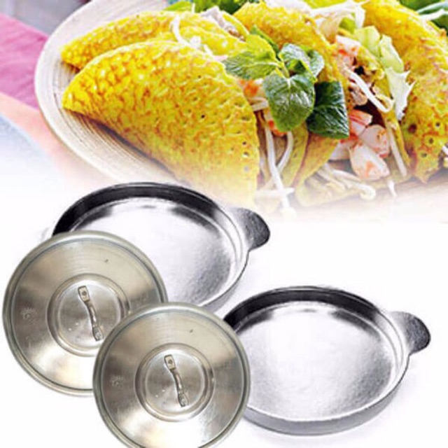 Bộ Chảo Gang (15cm) Có Nắp Làm Bánh Xèo Quảng, Chiên Trứng, Bánh Rán Chống Bể