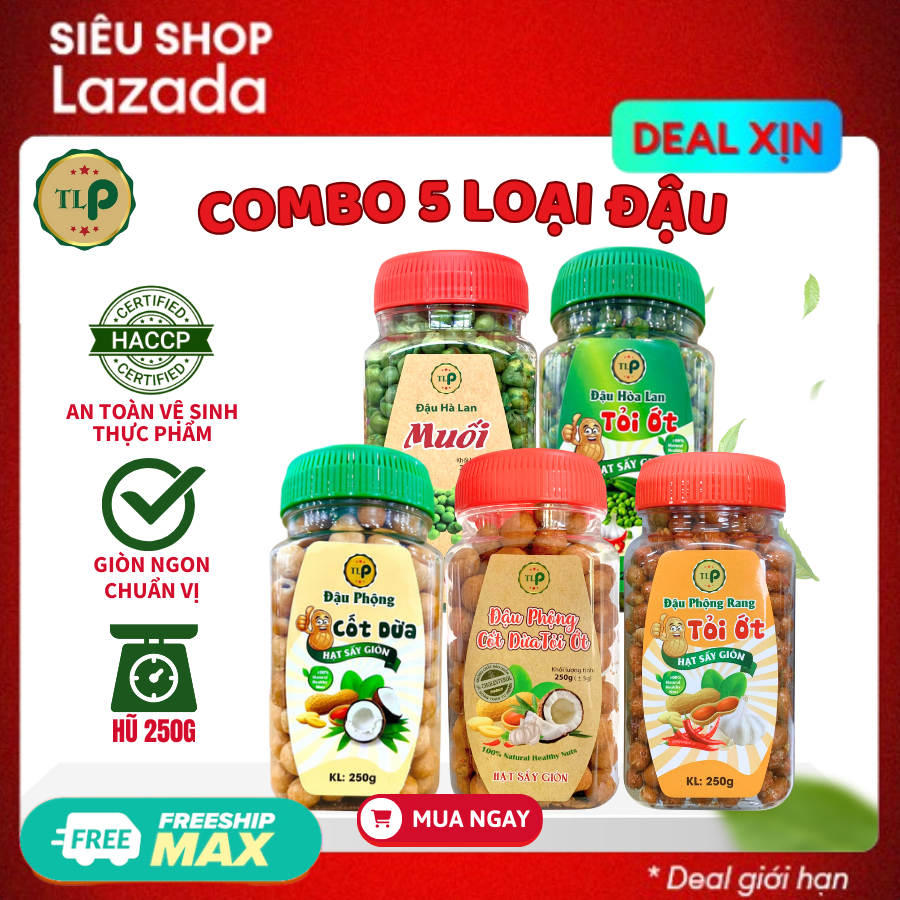 ĐẬU PHỘNG CỐT DỪA - ĐẬU PHỘNG TỎI ỚT - ĐẬU HÀ LAN TỎI ỚT - ĐẬU HÀ LAN MUỐI - ĐẬU PHỘNG CỐT DỪA TỎI ỚT COMBO 5 HŨ MỖI HŨ 250G