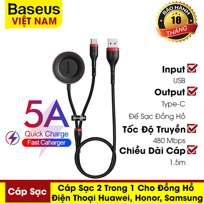 [BẢO HÀNH 12 THÁNG] Cáp sạc nhanh 2 trong 1 Baseus 5A sử dụng cho đồng hồ Huawei Hornor và sạc nhanh cho điện thoại Samsung Huawei...