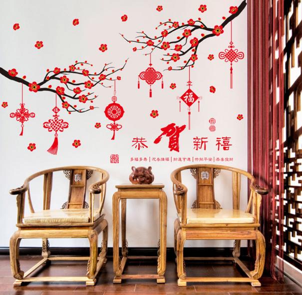 Decal trang trí tết - cành mai treo dây đỏ chào tết