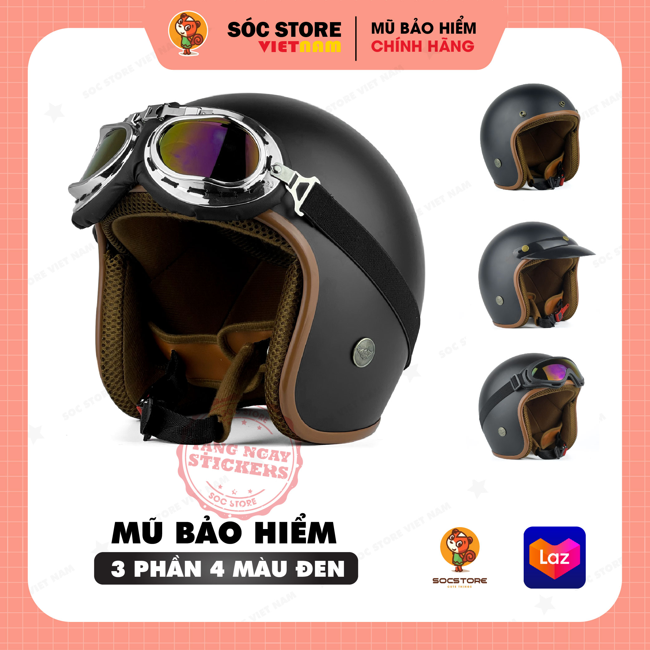 Mũ bảo hiểm 3 phần 4 chính hãng MÀU ĐEN Sóc Store, nón bảo hiểm 3 phần 4 nam nữ freesize