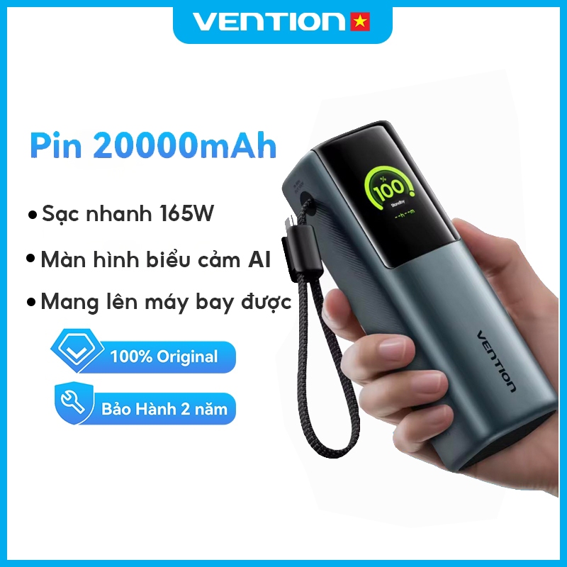 Sạc Dự Phòng AI Thông Minh 20000mAh 165W Vention, Sẵn Dây Type-C, Màn Hình Thị Mặt Cười AI Cho Nhiều