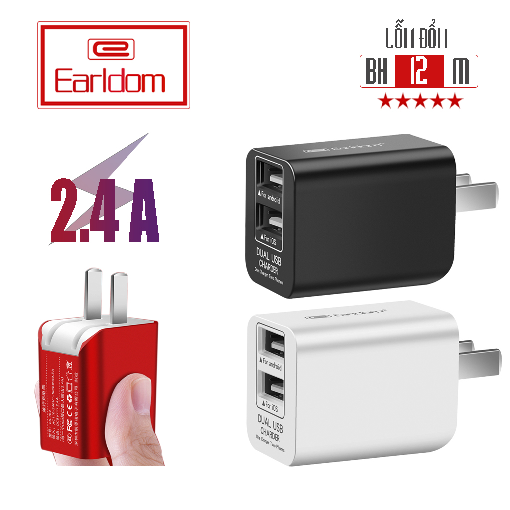 Củ Sạc Earldom 2 Cổng USB Hỗ Trợ Sạc Nhanh 2.4A ES-162 Bảo Hành 12 Tháng Lỗi 1 Đổi 1
