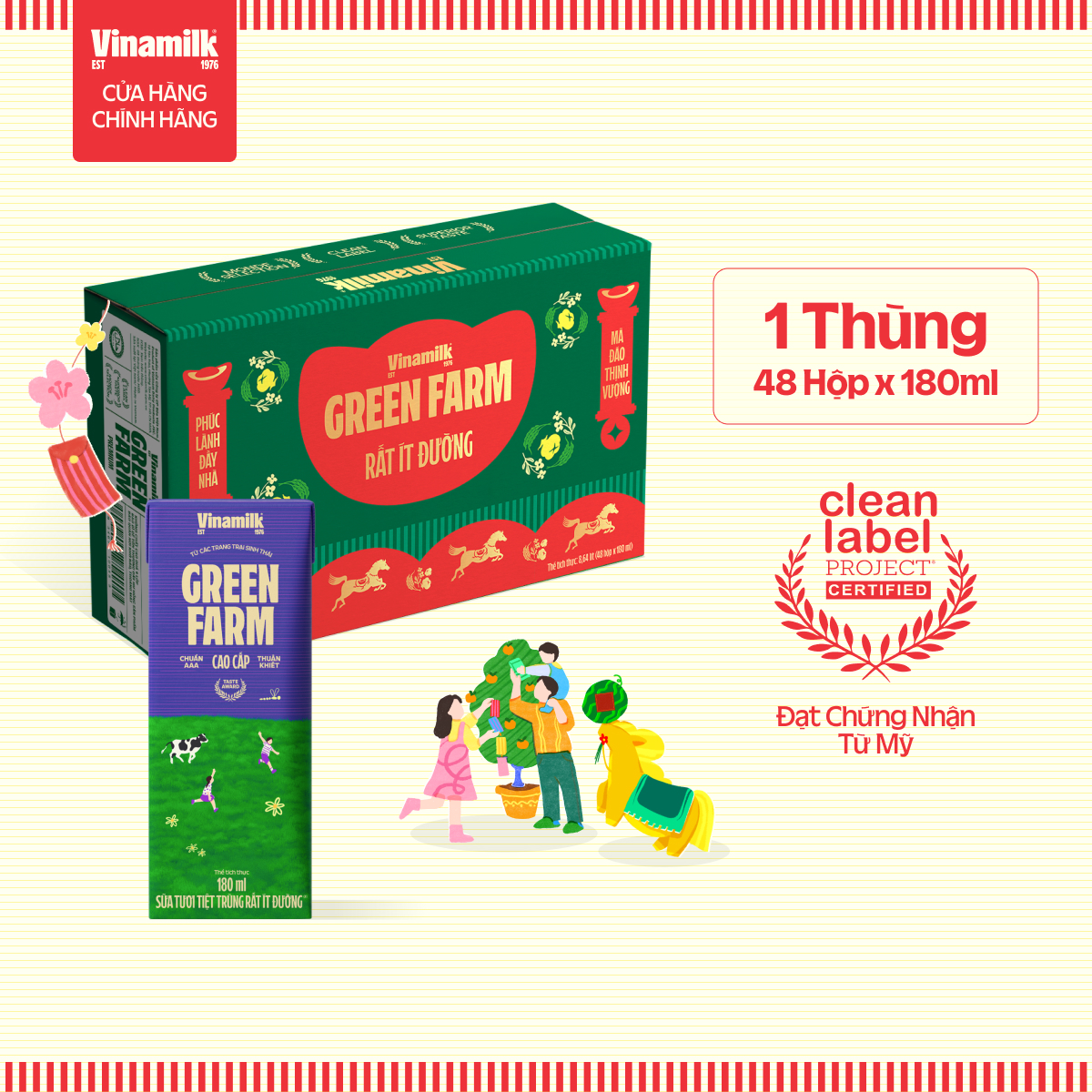  Thùng 48 Hộp Sữa Tươi Tiệt Trùng Vinamilk Green Farm Rất ít đường - Lốc 4 Hộp 180ml|  Có thể nhận bao bì Tết  Thường  