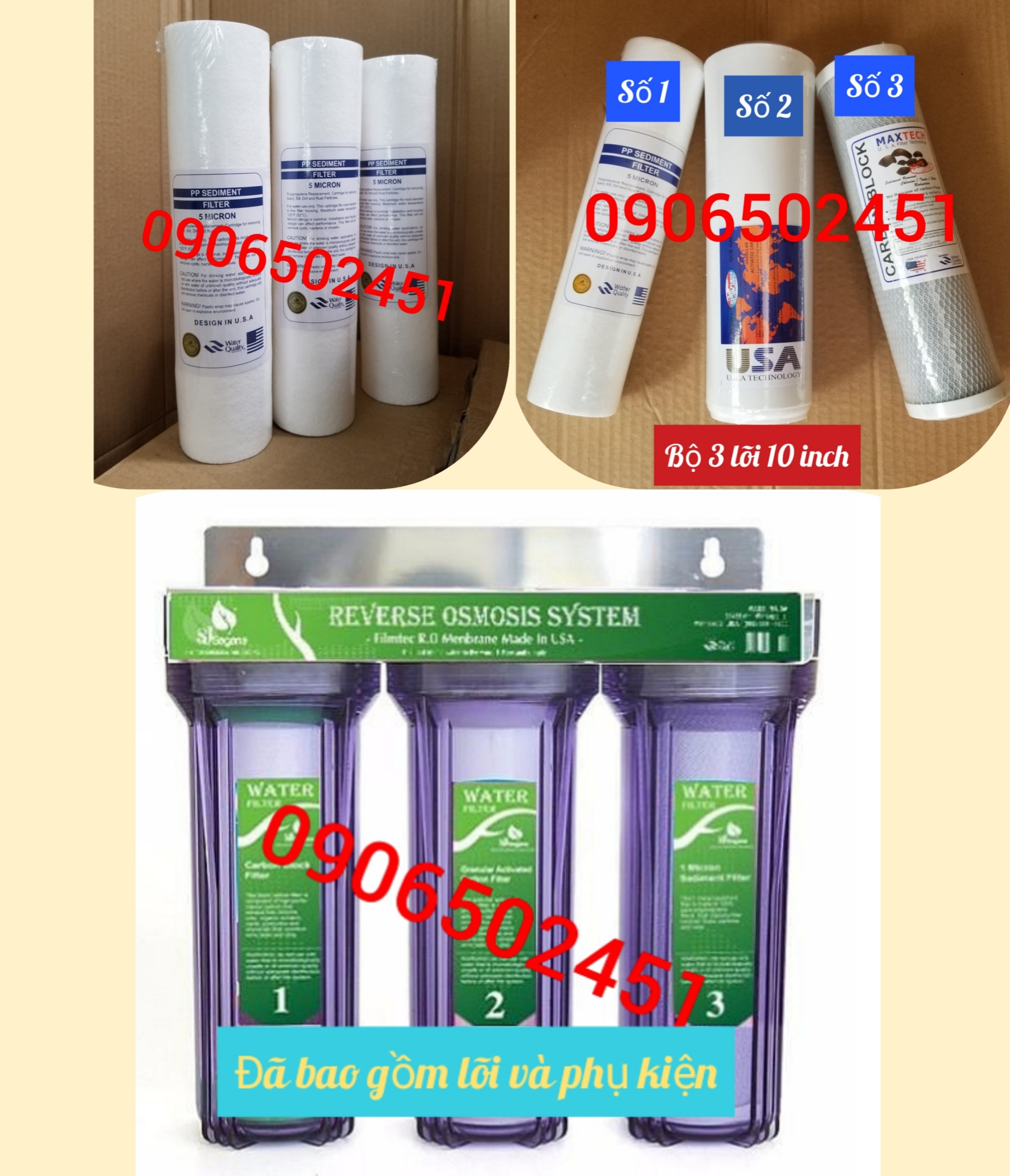 [HCM]COMBO Bộ lọc nước sinh hoạt gia đình 3 cấp ly 10 inch  Trong + Bộ 8 lõi gồm 6 CÂY LÕI SỐ 1 + 1 lõi 2 +1 lõi 3