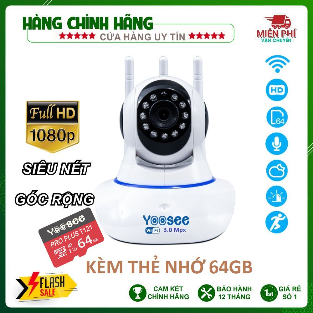 Camera wifi yoosee fullhd 1920 x 1080P 3 râu bắt wifi cực khỏe camera wifi giám sát lắp trong nhà ban đêm có hồng ngoại xoay 360 độ phát hiện chuyển động di chuyển theo người camera đàm thoại 2 chiều ghi âm ghi hình