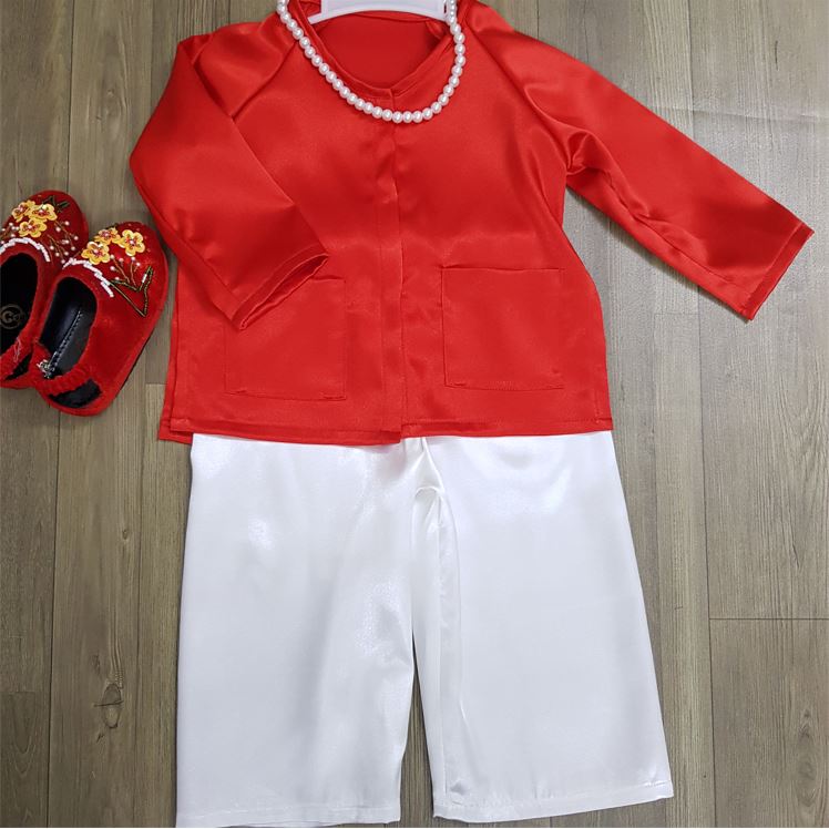 Bộ đồ bà ba trẻ em vải lụa đỏ thời trang thiết kế angel baby