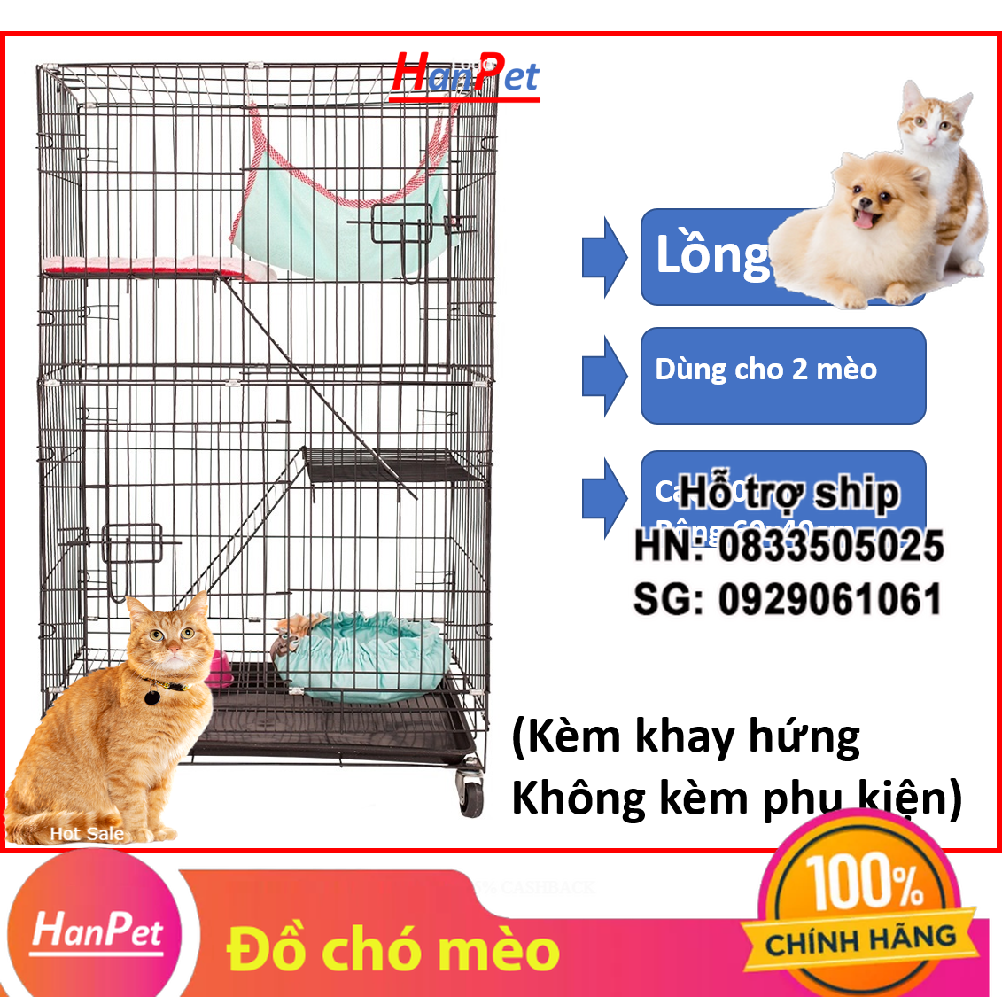 Hanpet - LM600- Chuồng mèo 3 tầng to đẹp giá rẻ bằng sắt Size S Lồng mèo cao 90cm (rộng 60x40xm) thép sơn tĩnh điện kèm bánh xe + khay nhựa