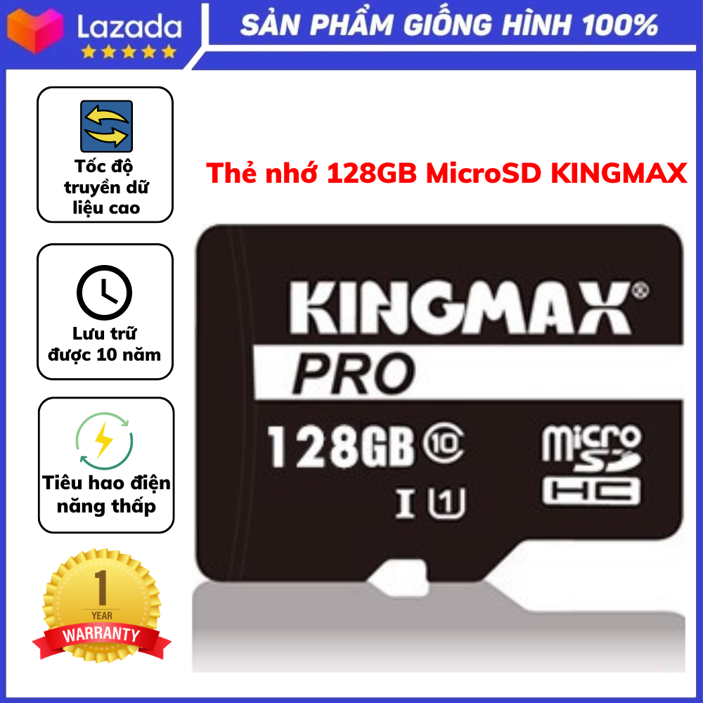 Thẻ nhớ 128gb microsd kingmax box class 10, tốc độ truyền dữ liệu cao, dữ liệu lưu được 10 năm, chống nước chống bụi, bảo hành 12 tháng