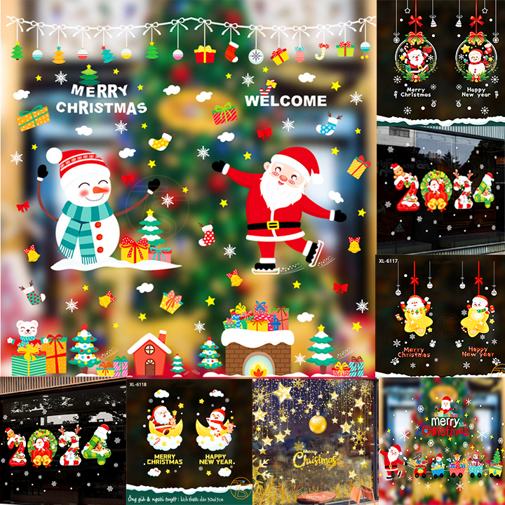 [Mẫu 2024] Decal trang trí noel dán hít tĩnh điện 2 mặt không dơ kính - Miếng dán trang trí hình cây thông noel, ông già noel và tuần lộc kéo xe - Giấy dán tường trang trí giáng sinh merry Christmas chúc mừng năm mới