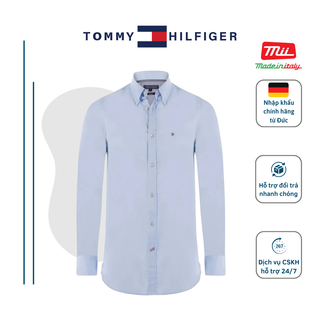 Áo Sơ Mi Nam Tommy Hilfiger Dài Tay Trơn Chất Cotton Màu Xanh Trẻ Trung Thanh Lịch - Nhập Khẩu Chính Hãng Từ Đức - TO9944267