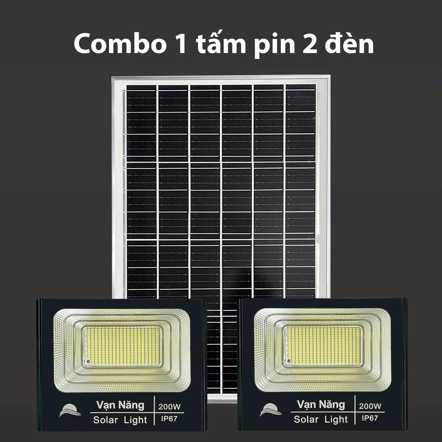 Đèn pha năng lượng mặt trời Vạn Năng Solar 200W ( combo 1 tấm pin 2 đèn )