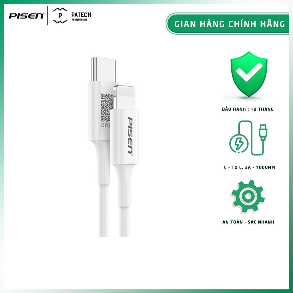 [20H 6/7 - 9.7 Nhập 77LAZSOCIAL80K Voucher giảm 12% đơn từ 250K tối đa 80K]Cáp Pisen Quick Lightning & Type-C 3A (Type-C to Lightning ) 1000mm, sạc nhanh, công suất sạc 20W, model: CL-PD-1000, bảo hành 18 tháng - Hàng chính hãng