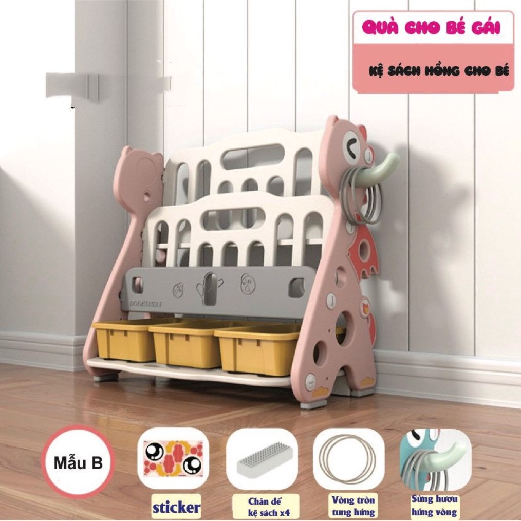 Kệ sách cho bé, kệ khủng long 2in1 có giá sách và khay để đồ, kèm móc treo đồ