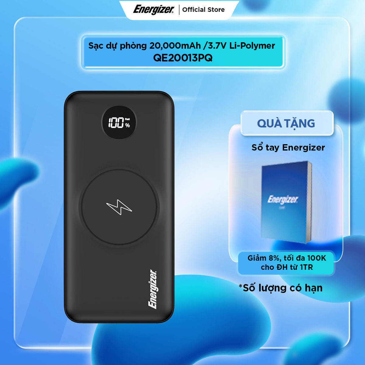 Pin dự phòng Energizer 20000mAh QE20013PQ/ Qe20009PQ - 3 cổng sạc tiện lợi, tích hợp sạc nhanh đa nề