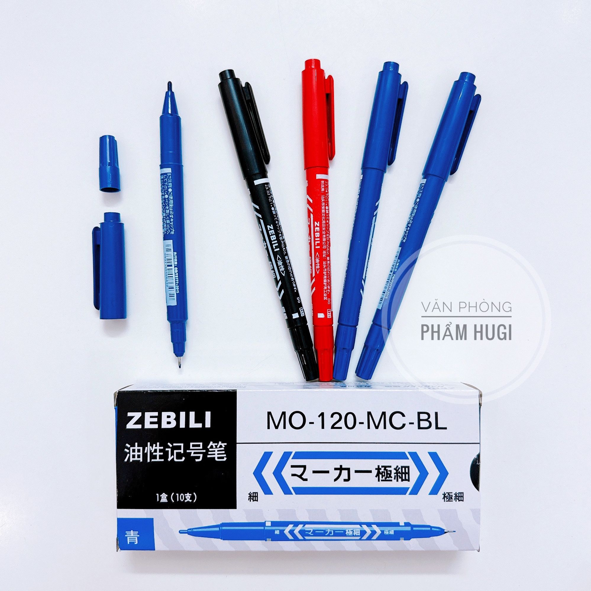 Hộp 10 Cây Bút Lông Dầu Kim 2 Đầu ZEBILI MO.120 (Xanh, Đỏ, Đen)