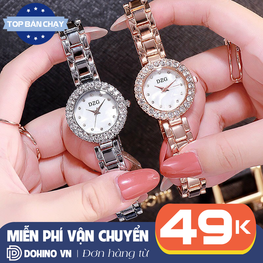 Đồng hồ thời trang nữ sang trọng đính hạt cườm chống nước, dây kim loại mạ vàng mặt tròn DZG D176 - Đồng hồ đi tiệc, đi làm hoặc đi chơi