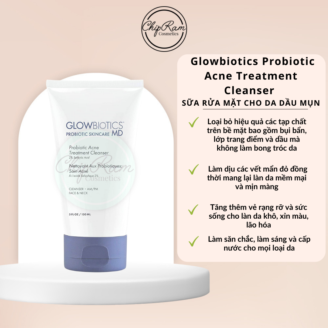 Sữa rửa mặt cho da dầu mụn glowbiotics probiotic acne treatment cleanser 150ml