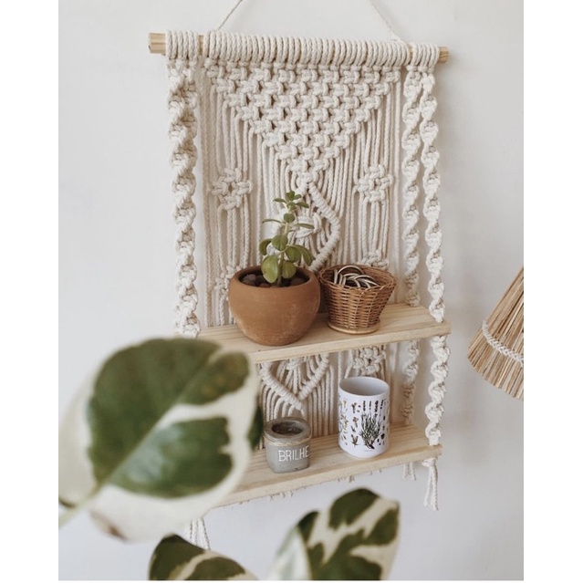 Kệ gỗ treo 2 tầng treo tường kết hợp macrame trang trí nhà cửa. kích thước: 40x70x15cm