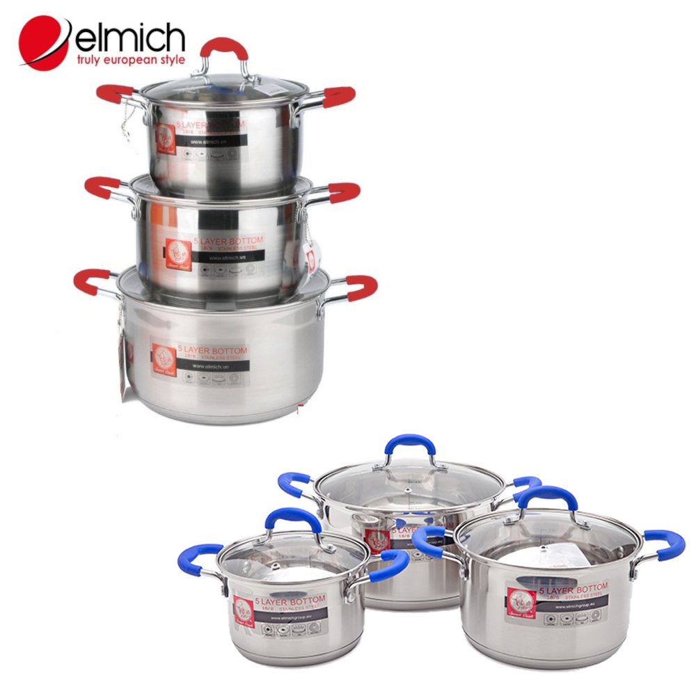 Bộ 3 nồi Inox 304 5 đáy size 16cm, 20cm và 24cm Elmich Smart cook cán xanh 2355961 đỏ 2353335 dùng bếp từ, bảo hành 12 tháng