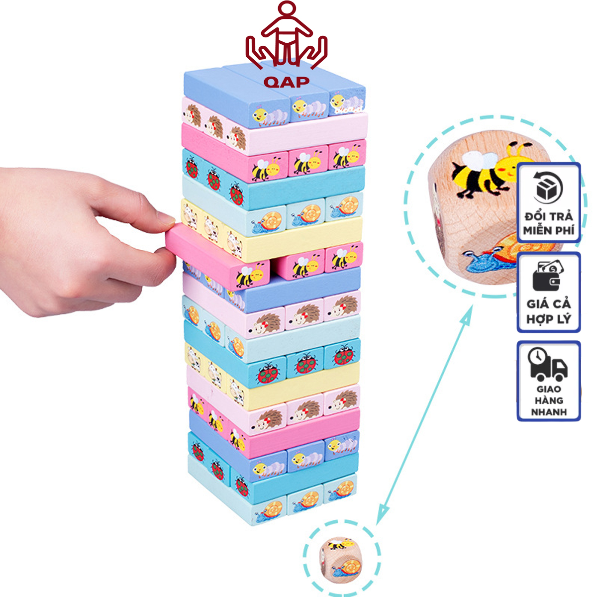 Đồ chơi rút gỗ màu hình con vật 51 chi tiết-QAP, đồ chơi rút gỗ màu loại to 51 thanh gỗ màu hình con vật và 1 viên xúc xắc