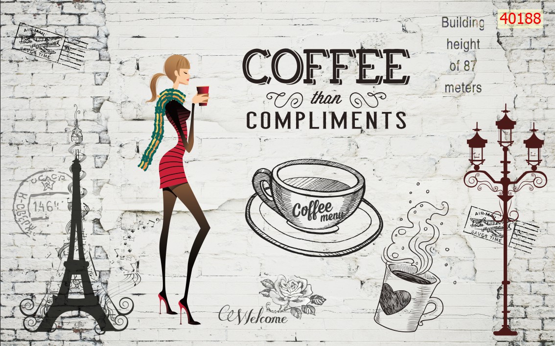 Tranh dán tường 3D trang trí quán cafe trà sữa trà chanh chất liệu decal keo sẵn hoặc vải lụa giá rẻ đẹp ib ralo để in theo yêu cầu PA