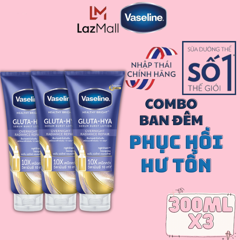 Combo 3 dưỡng thể vaseline 10x gluta hya overnight radiance repair phục hồi và nuôi dưỡng da sáng mịn 300ml - sữa dưỡng thể trắng da vaseline chính hãng - vaseline thái chính hãng - vaseline dưỡng thể trắng da chính hãng