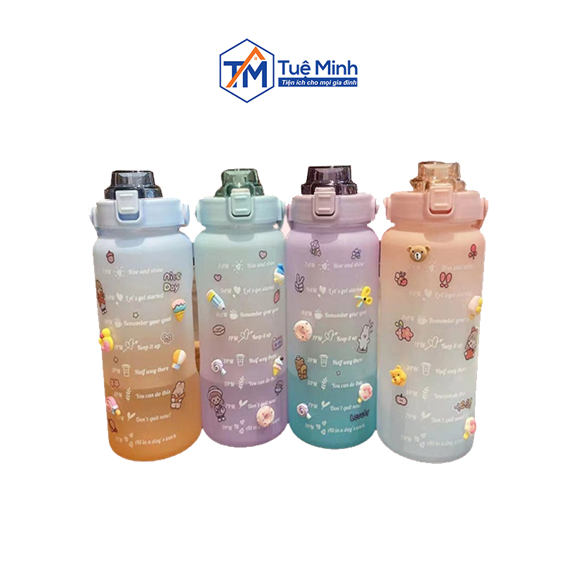 Bình nước 2 Lít/1.3 Lít/ 1 Lít/ 0.5 Lít chia vạch nhắc uống nước, có vòi hút và quai xách Tặng Sticker Dễ Thương