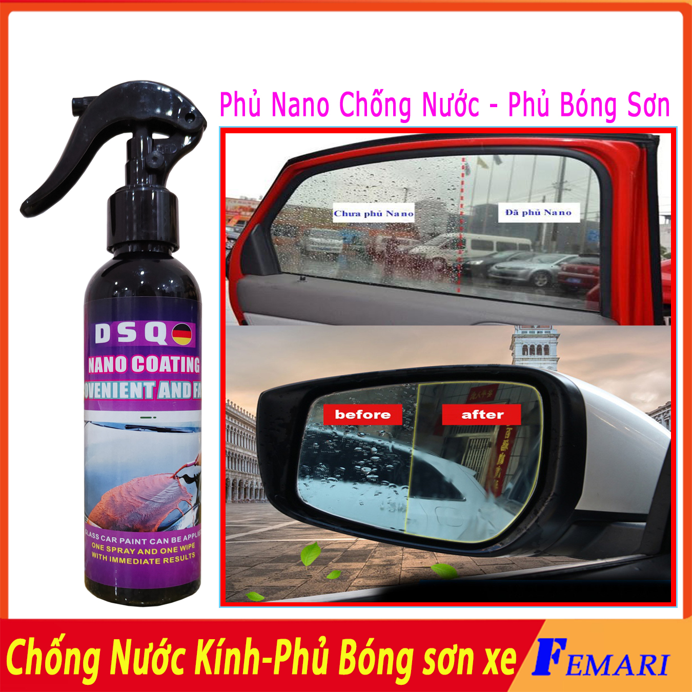 Chai Xịt Phủ Nano Ô TÔ Chống Nước Kính Xe - Sơn Phủ Bóng Sơn Xe Ô tô - DIY Nano Coating 200 ml - FEMARI Nhập Khẩu