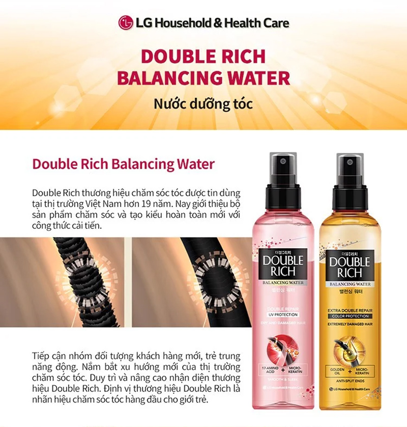 Xịt dưỡng tóc giữ màu nhuộm120ml Double Rich Balancing Water Revitalize Nutrition chăm sóc tóc hư tổn