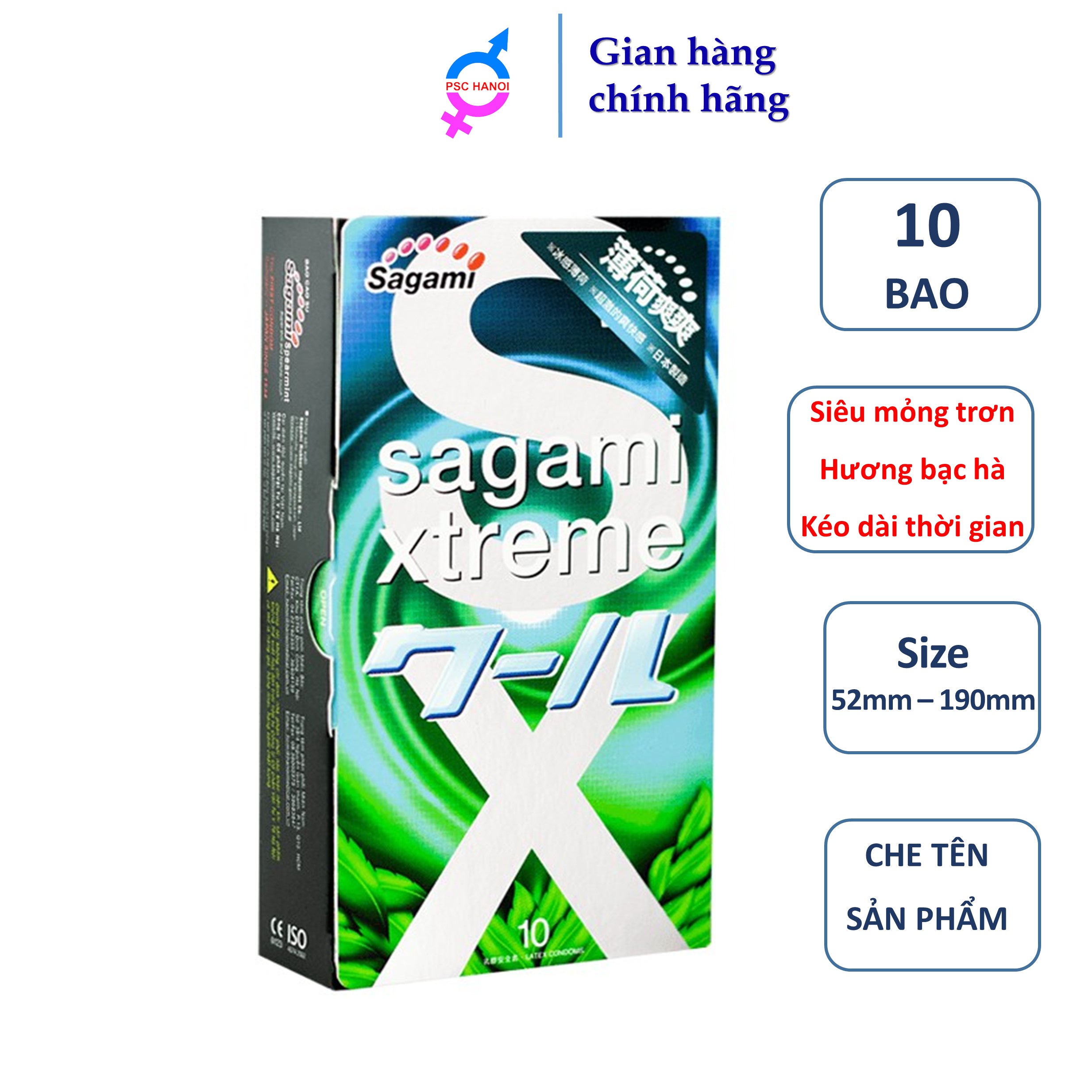 Bao cao su siêu mỏng siêu kéo dài thời gian hương bạc hà Sagami xtreme Spearmint hộp 10 bao cao su