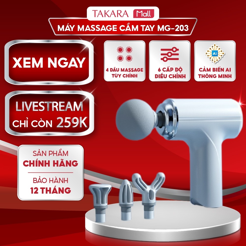 Máy massage cầm tay mini Takara MG-203, súng mát xa có cảm biến thông minh với 6 cấp độ và 4 đầu thay thế làm giãn cơ, giảm nhức mỏi