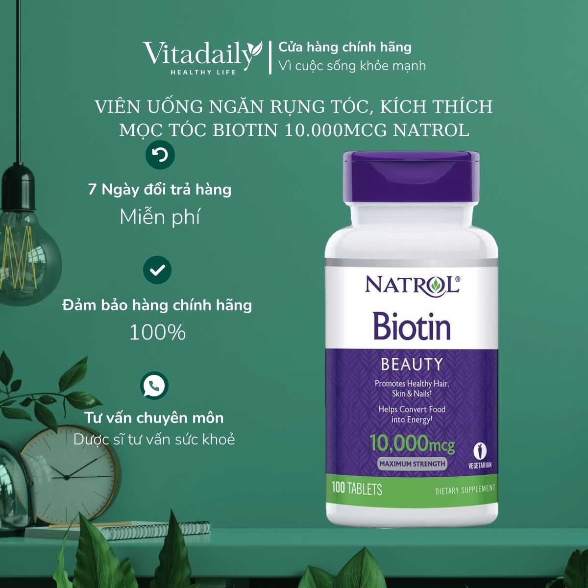 Viên uống ngăn rụng tóc, kích thích mọc tóc biotin 10.000mcg natrol