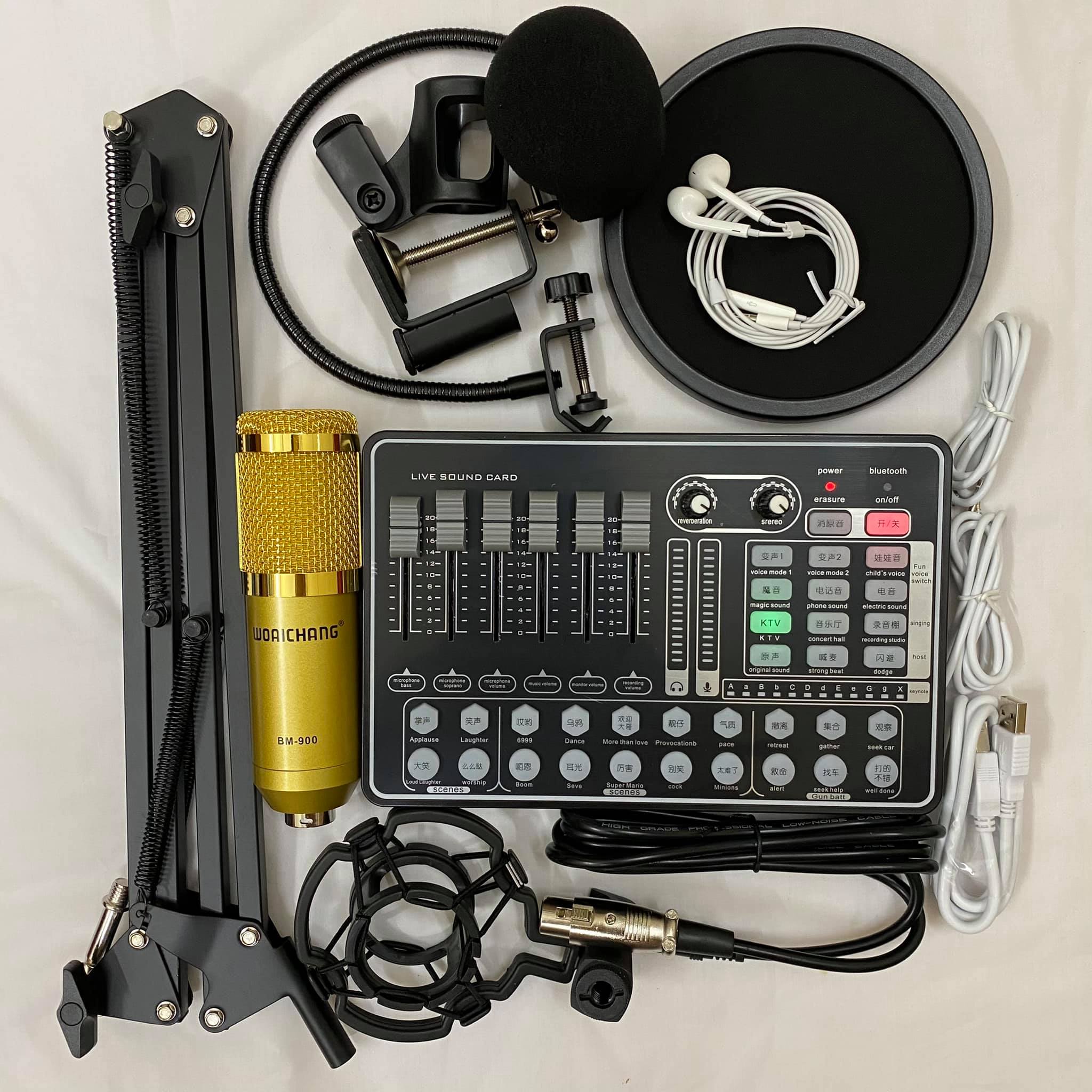 TRỌN BỘ COMBO Sound card aH9 Bluetooth Auto Tune, Mic Livestream Thu Âm Woaichang BM900 , Tặng Ngay 1 Tai Nghe  có Hiệu ứng âm thanh khán giả, tương thích với nhiều thiết bị âm thanh