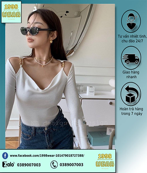 Áo dài tay phối xích vai, áo trễ vai phối hai dây, hai màu đen - trắng