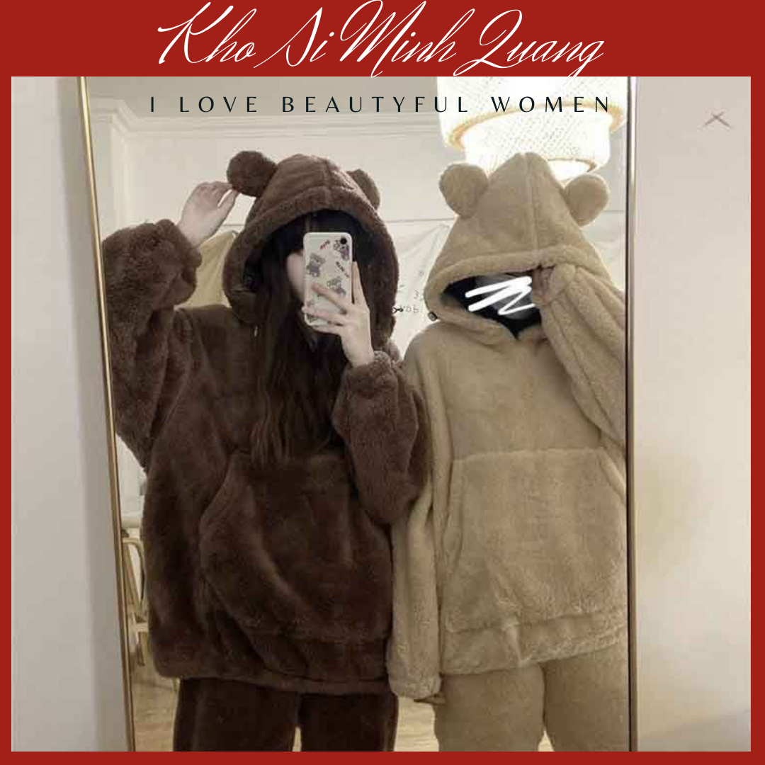 Bộ đồ lông gấu túi trước đáng yêu, Đồ bộ ngủ nữ tai gấu áo hoodie Form rộng, Bộ Ngủ, bộ pijama, bộ đồ mặc nhà, Bộ lông thú mùa đông, bộ lông gấu, bộ đồ lông mặc nhà, bộ ngủ lông cừu, bộ tai gấu, đồ bộ lông nữ, bộ lông tai thỏ
