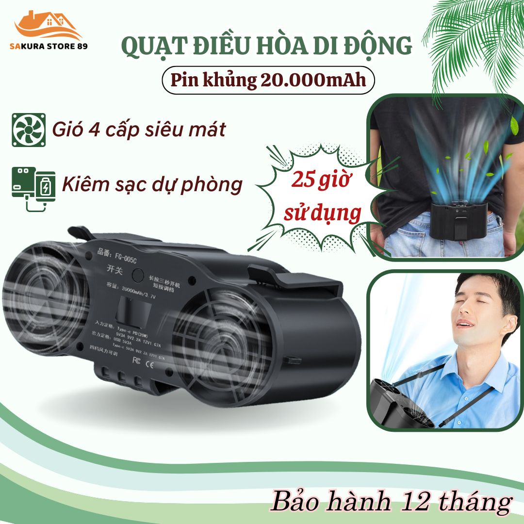 Quạt Áo Điều Hòa Tích Điện, Quạt Đeo Thắt Lưng, Đeo Cổ Mini Motor 2 Phản Lực 4 Cấp Độ Gió Pin Chuẩn Lithium 20.000mAh