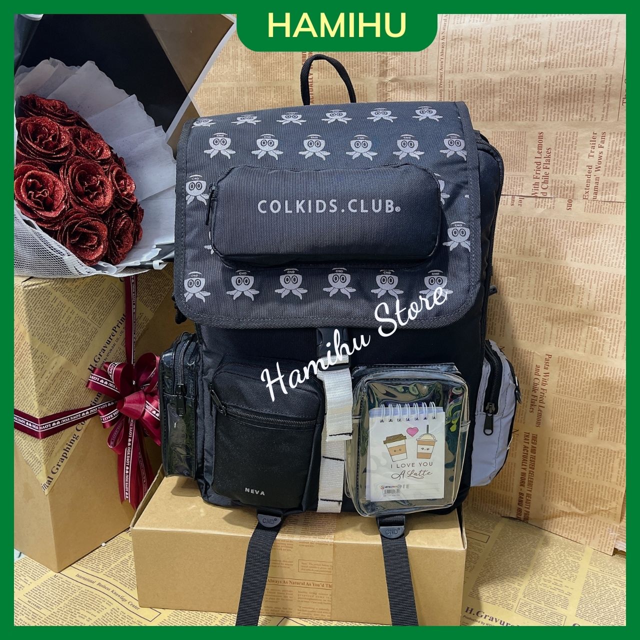 Balo thời trang Hamihu HM6, đi chơi, đi học phong cách Hàn Quốc, balo đựng laptop in chữ Colkids Club và hình bạch tuột siêu đẹp