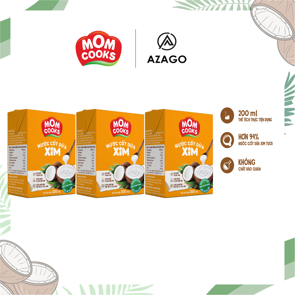 Combo 3 hộp nước cốt dừa nguyên chất 100% hộp  200ml  thương hiệu MOM COOKS  - AZAGO