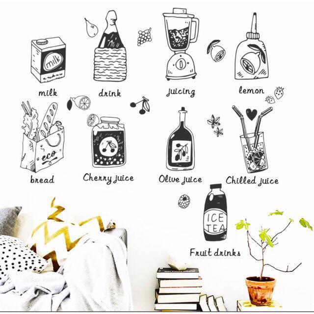 Decal dán tường mẫu thức ăn dụng cụ nhà bếp kèm tiếng anh