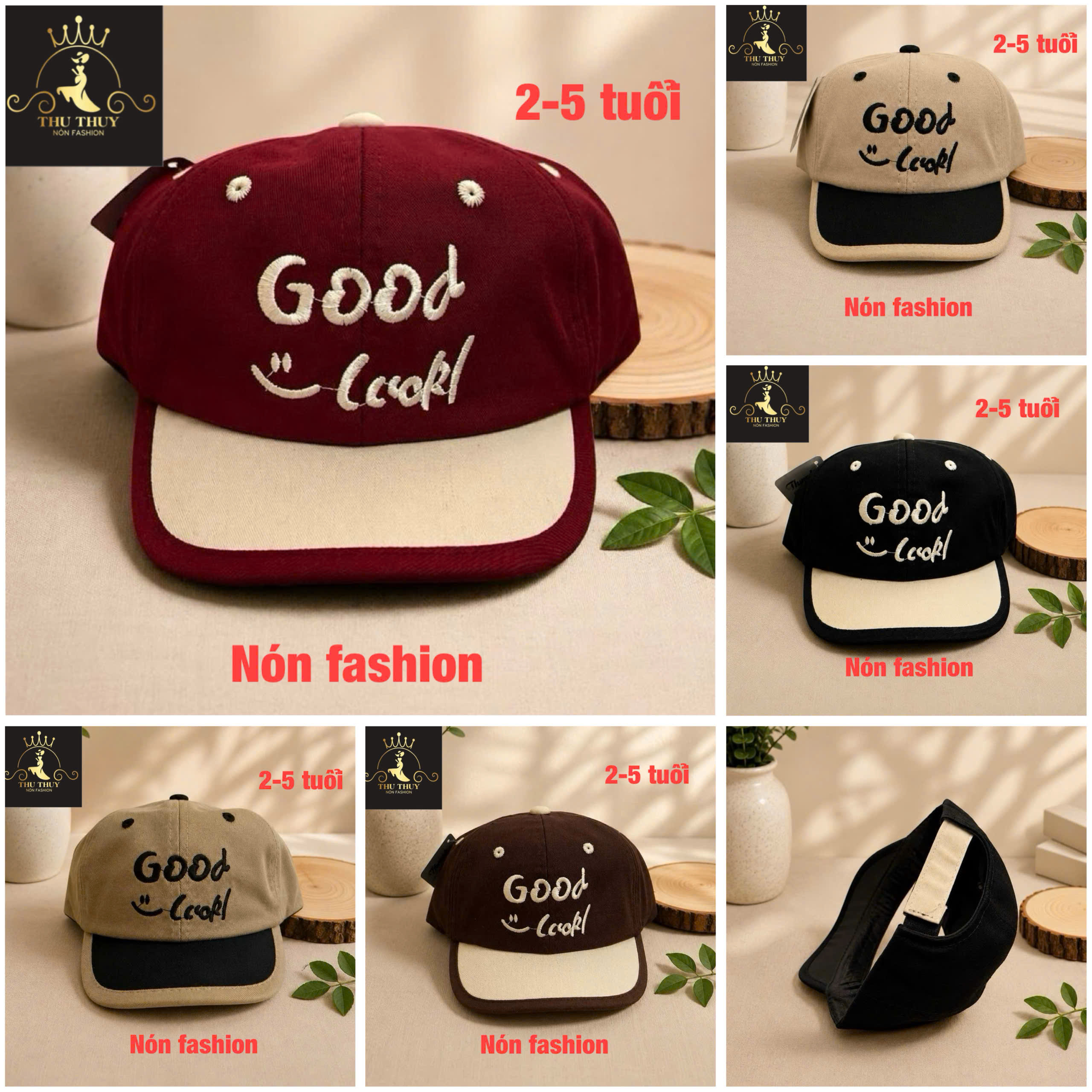 (bé 2-5 tuổi) Mũ lưỡi trai viền cho bé trai logo chữ Good luck (2 - 5 tuổi) cực dễ thương
