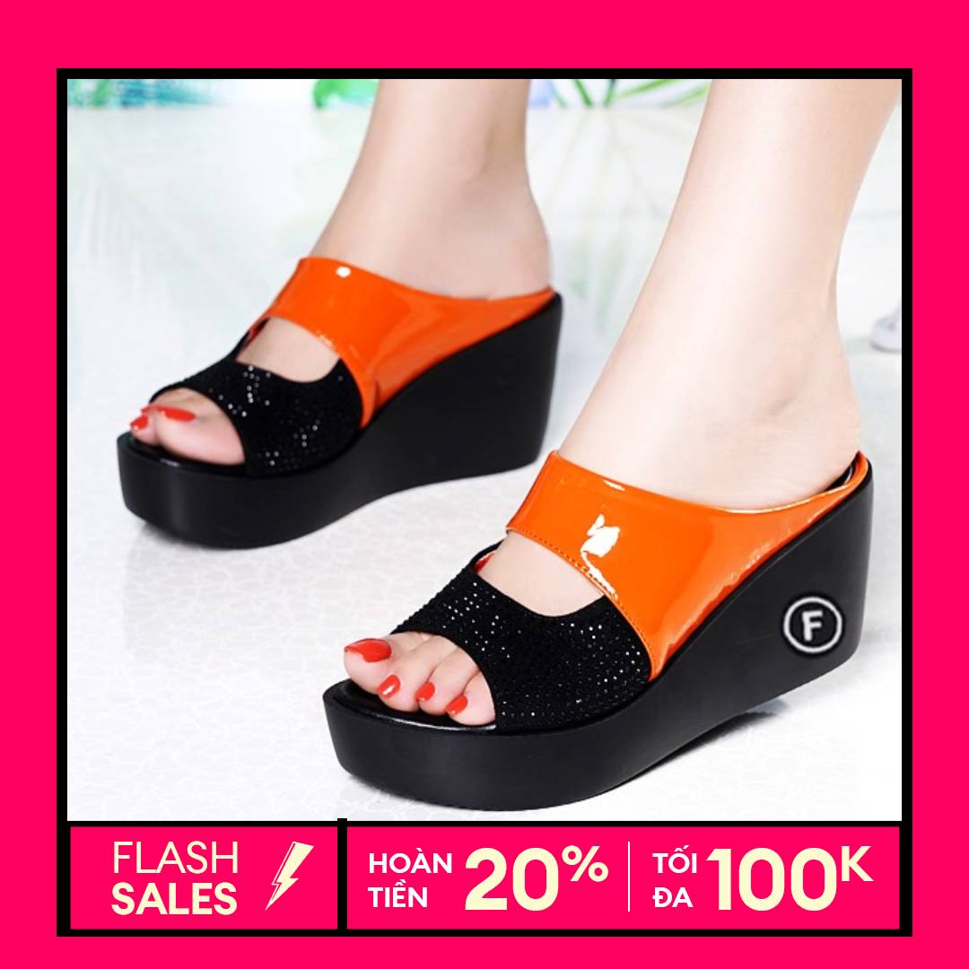 [HCM]Dép đế xuồng nữ phối màu đính đá cao cấp (Đen Cam) Đủ size 35 đến 39 - SD468