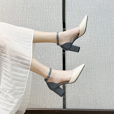 Giày cao gót bít mũi gót trụ khóa phối màu cao 7cm cg-0605