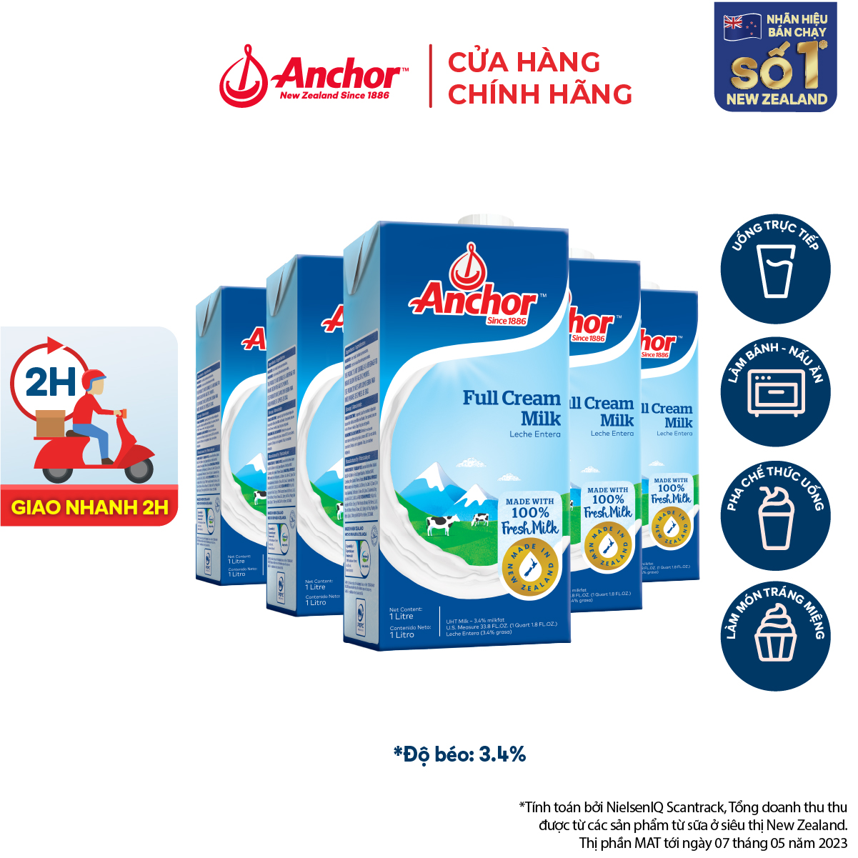 [GIẢM 20K ĐƠN 199K + TẶNG THÊM 1 SỮA TƯƠI 1L] Combo 5 sữa tươi tiệt trùng Anchor nguyên kem hộp 1 lít