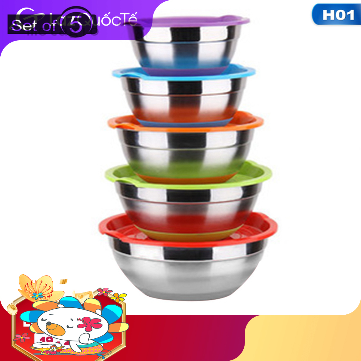 【Còn Hàng】metagio 5 Cái/bộ Bát Trộn Bằng Thép Không Gỉ, Với Nắp, Máy Đánh Trứng Inox Bát Salad