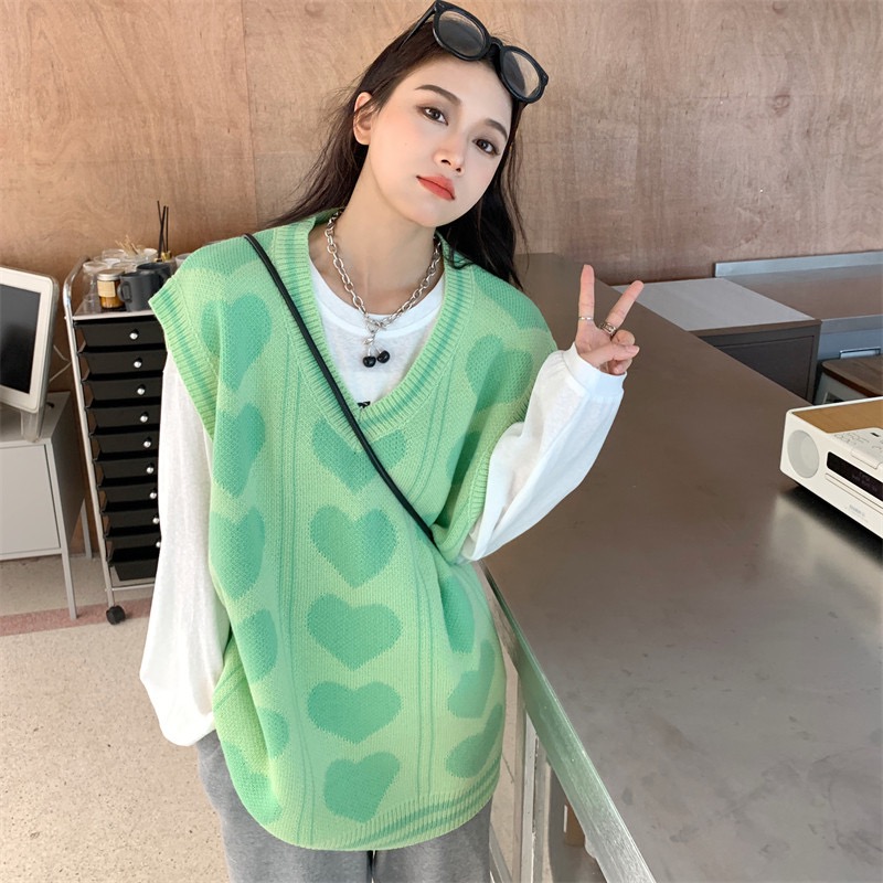 MS793 Áo gile len nữ trái tim form rộng Hàn Quốc
