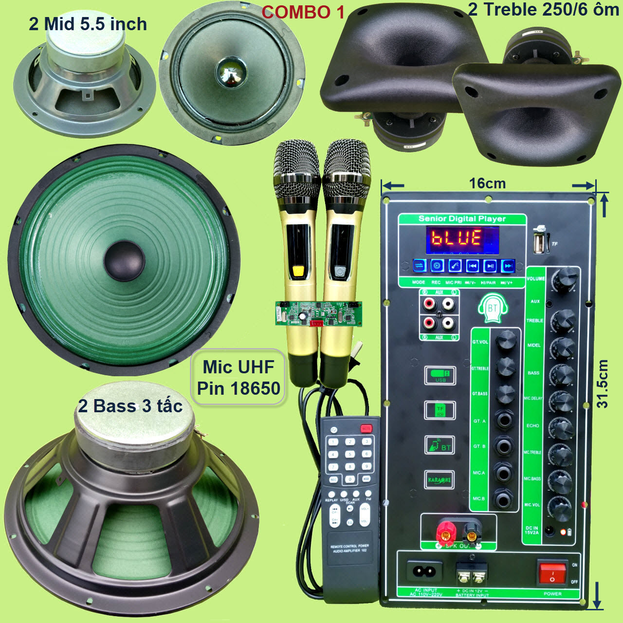 Mạch loa kéo 3 tấc đôi 3 đường tiếng 2 IC CS8676 120W + 120W có nguồn xung 220V kèm Micro UHF đôi và 2 Bass 3 tấc + 2 Mid 5.5 inch + 2 Treble 250 6 ôm