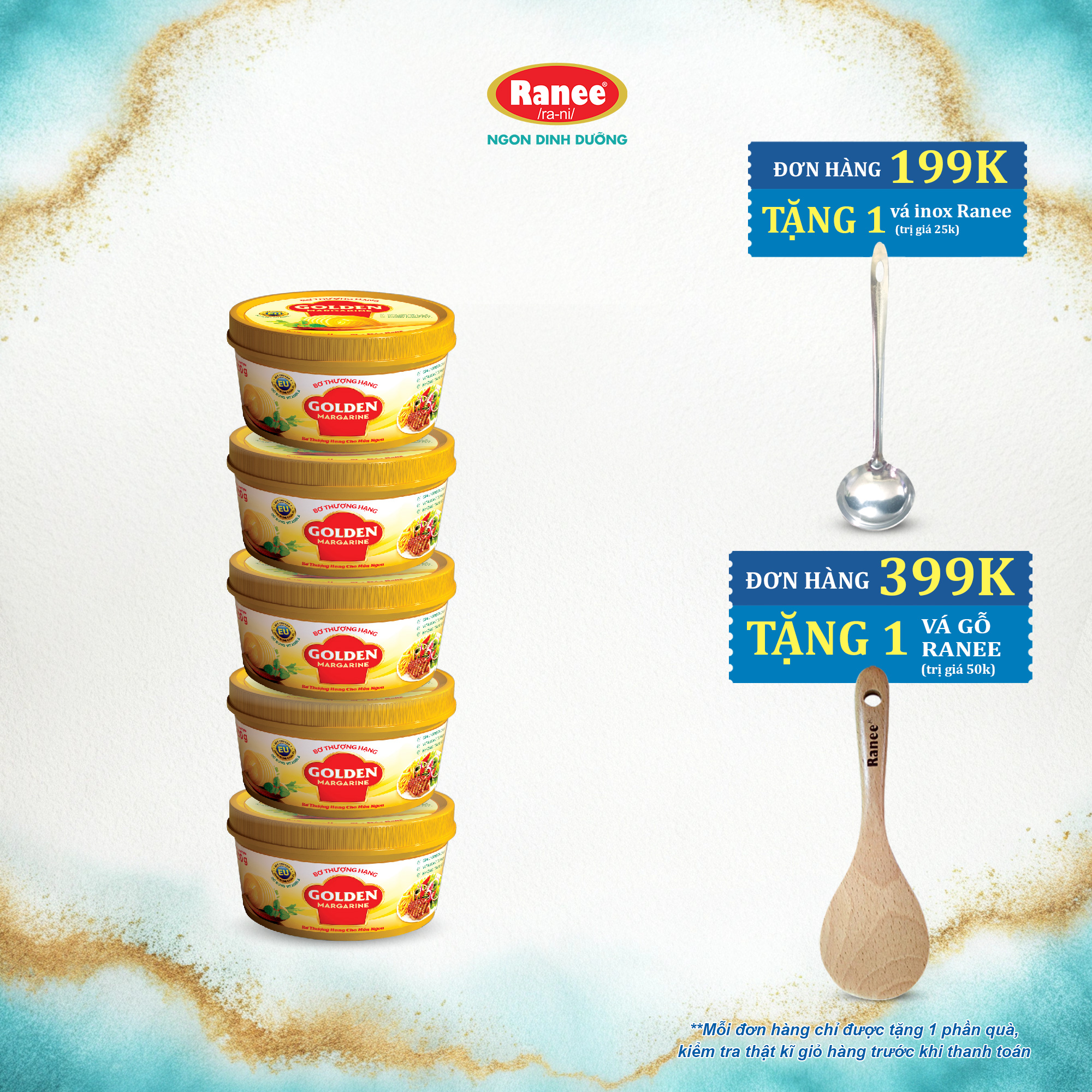 {Đơn 199k tặng vá inox -399k tặng vá gỗ} Combo 5 hộp Bơ Thượng Hạng Golden Margarine 200gr (5 hộp x 200gr)